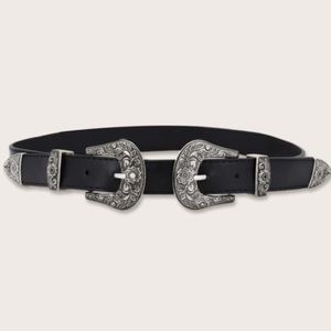 Boho western style double buckle vegan leather belt